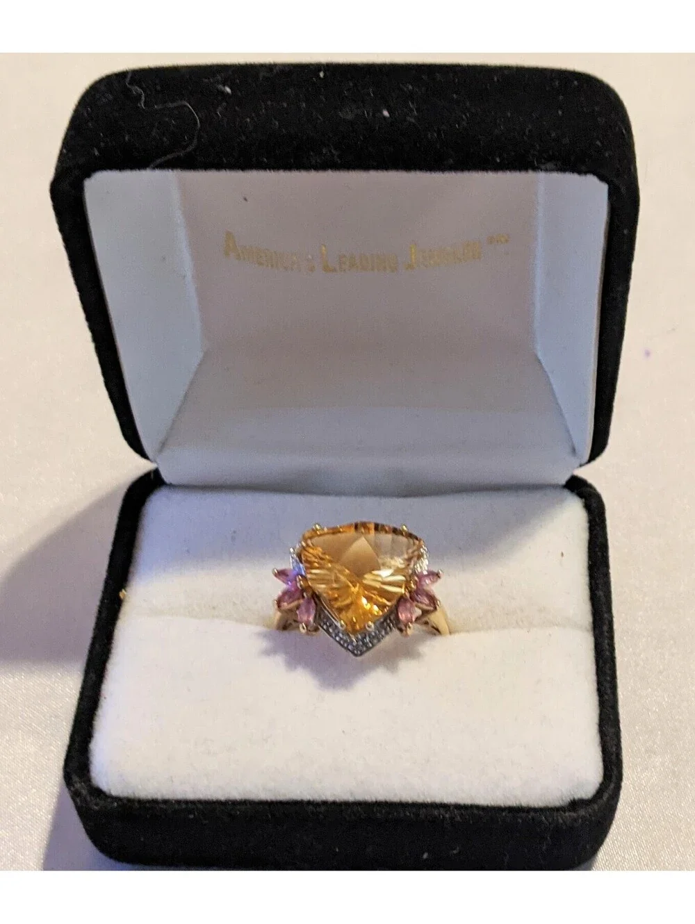 VTG Trillion Cut Citrine And Pink Tourmaline Fancy 10K Gold Cocktail Ring Size 8